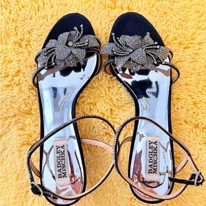 Badgley Mischka Black and Silver Rhinestone Floral Strappy Heel